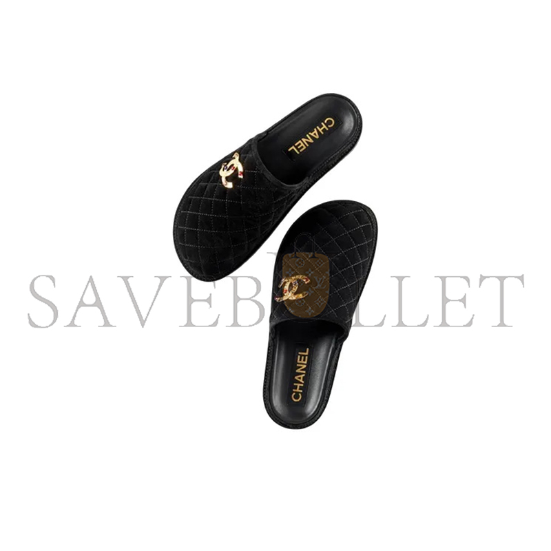 CHANEL MULES SUEDE CALFSKIN & METAL BLACK G38648 X56518 94305